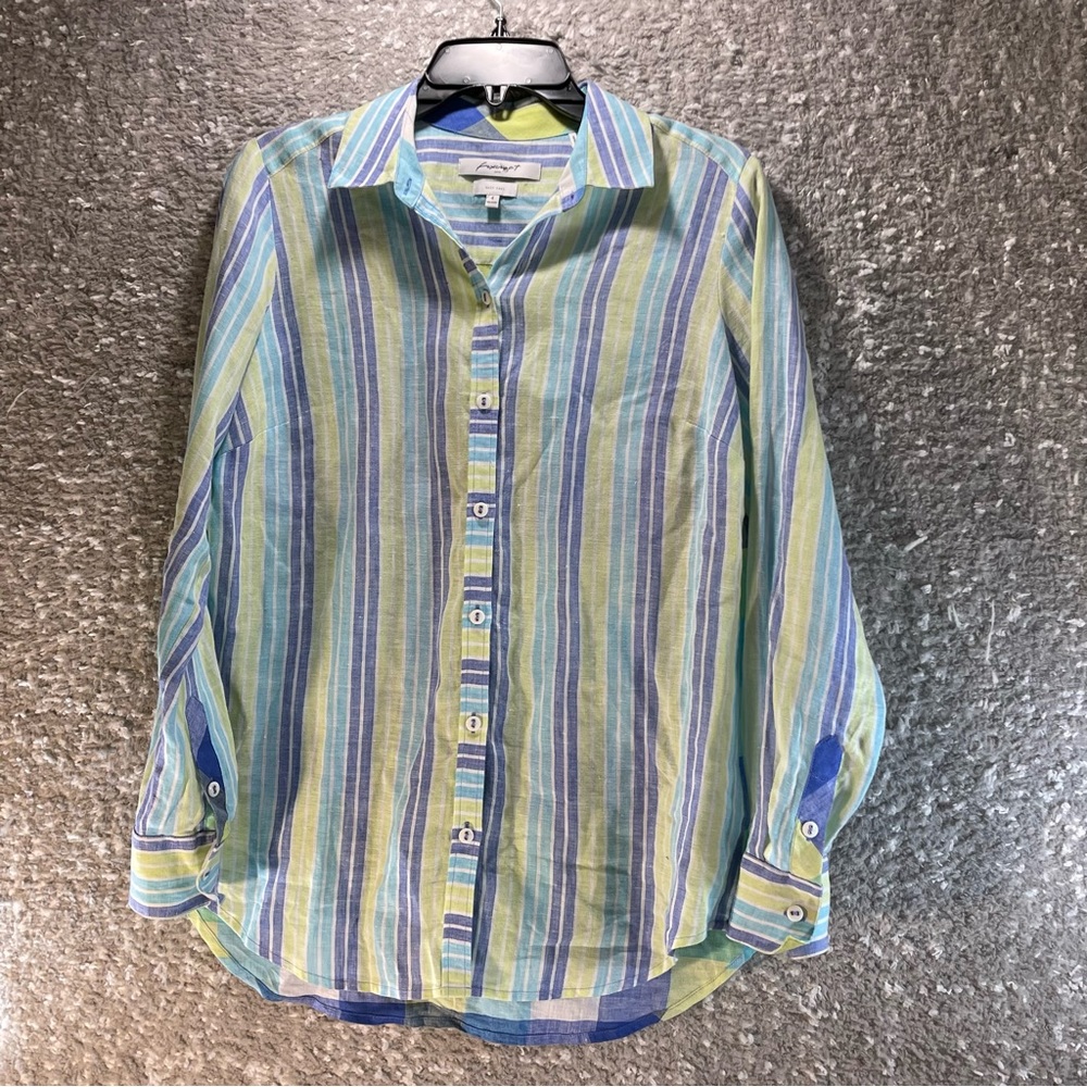 Foxcroft Womens Size 4 Relaxed Shirt Long Sleeve Button Up‎ Striped Linen.